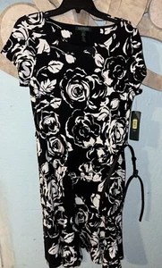 Lauren Ralph Lauren NWT L $150 Black/Pearl Floral Stretch Short Cap Sleeve Dress - Picture 1 of 6