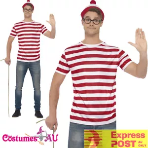 Mens Where's Wally Wheres Waldo Costume Kit Top Hat Glasses Book Week T-Shirt - Picture 1 of 3