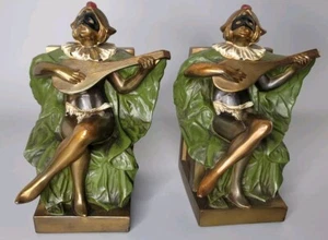 Art Deco Female Jester Harlequin Playing Lute Bookends 1930's Mandolin Bronze CL - Picture 1 of 9