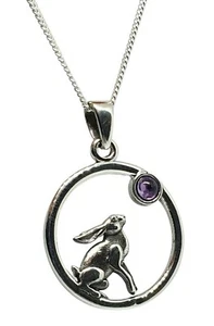 Moon Gazing Hare Amethyst Necklace Pendant 925 Silver 18" Chain Wiccan Pagan - Picture 1 of 14