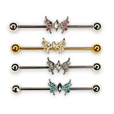 Barra Industrial Mariposa 14g Oro IP Azul Blanco Rosa Brillante Circonita H Foto 1 de 2