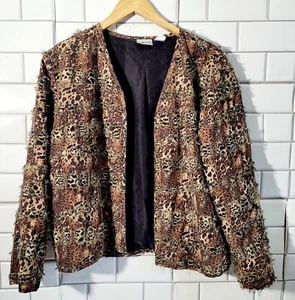 Chico’s Ladies 100% Silk Collarless Blazer Jacket Open Front Tan Black Animal... - Picture 1 of 6