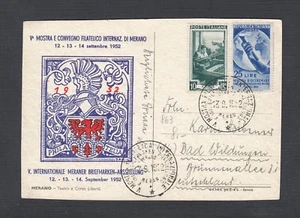 ITALY 1952 MERANO PHILATELIC CONGRESS POSTCARD TO BAD WILDUNGEN GERMANY - Picture 1 of 2