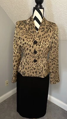 EUC Le Suit Women’s Leopard Black A-Line Skirt Suit Size 8P Formal Career — 第 1/4 张图片