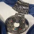 Vintage Signed GB Silver Tone Scarf Ring Clip Pendant Swirl Blue Scarf