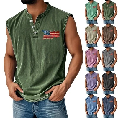 Men Sleeveless Beach Shirts Summer Hawaiian Shirts Casual Floral Henley Tank Top - Image 1 of 3