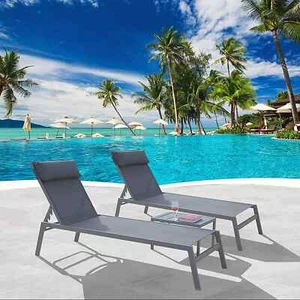 Patio Chaise Lounge Set of 3 Adjustable Steel Textilene Pool Lounge Chairs Grey - Picture 1 of 7