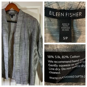 EILEEN FISHER Kimono Cardigan Jacket Silk Cotton Blend Grey Small Lightweight - Picture 1 of 13