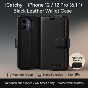 iPhone 12 Pro Leather Shockproof Wallet Black Case | Kickstand | Non-Slip | Slim - Picture 1 of 8
