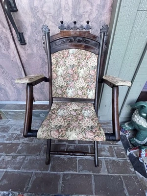 Eastlake Style Folding Campaign Tapestry Chair Antique 19th C Victorian - Image 1 of 4