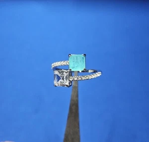 New Paraiba Tourmaline CZ Asscher Square Ring 925 Sterling Silver Women Size 8 - Picture 1 of 8