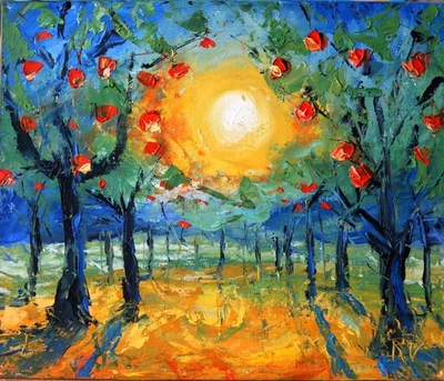 New York Apples Orchad 10x12" Oil Painting Landscape Art Garden and Sunset - Image 1 of 4