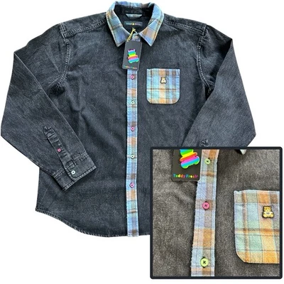 NEW Teddy Fresh Denim Shacket Plaid Accents Black Large Button Logo Shirt Retro - Image 1 of 4