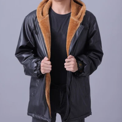 Herren Wasserfest Kunstleder Dick Warm Gefütterter Mantel Zip Kapuze Jacke - Bild 1 von 4