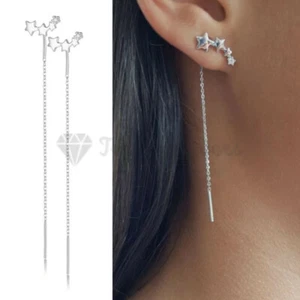 Elegant Cubic Zirconia Inlaid Star Threader Tassel 925 Sterling Silver Earrings - Picture 1 of 12