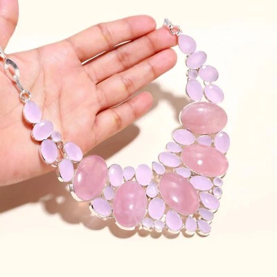 Rose Quartz Gemstones 925 Sterling Silver Jewelry Handmade Women Necklace Set - Image 1 of 4