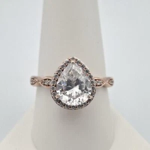 925 Sterling Silver Rose Gold Tone Pear CZ Eternity Halo Engagement Ring Size 9 - Picture 1 of 12