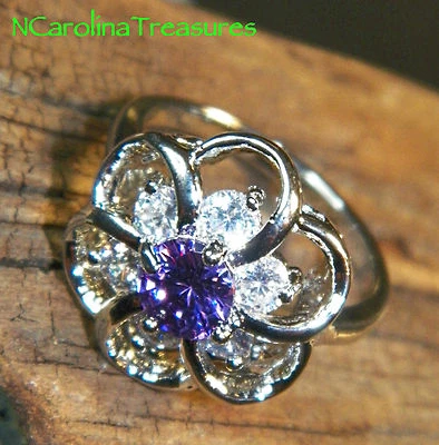 BONITO ANILLO RELLENO ORO BLANCO 14K MORADO AMATISTA DISEÑO FLORAL TOPACIO TALLA 7.75 Foto 1 de 4