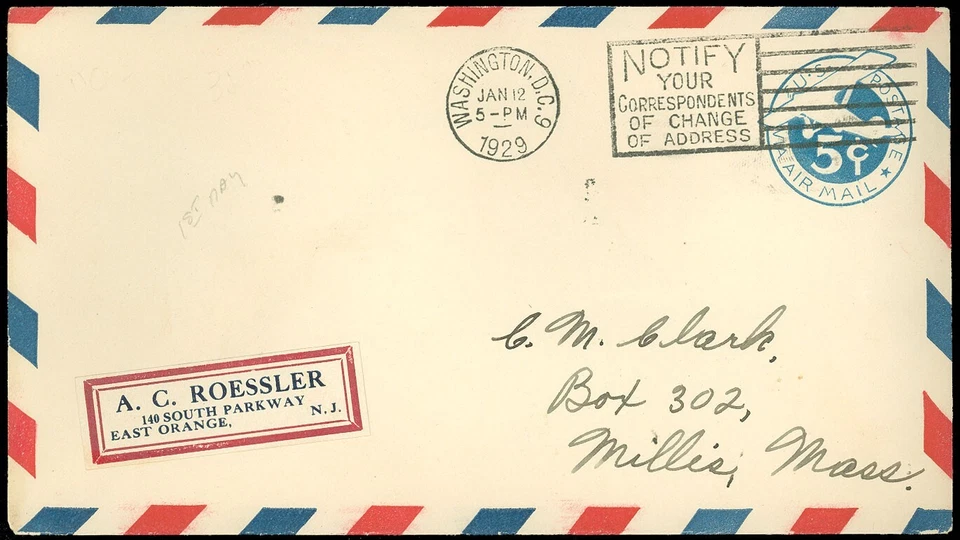1/12/29 WASH DC CDS, A. C. ROESSLER Label Serviced Cover, Size #13, SC #UC1 FDC! - Image 1 of 1