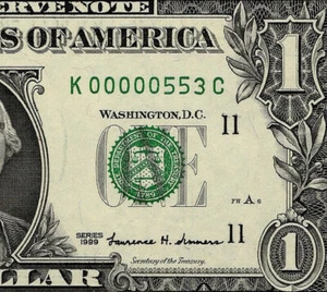 1999 $1 Federal Reserve Note Low 3 digit Serial Number Dallas K00000553C PMG 65 - Picture 1 of 4