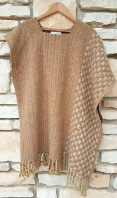 Vintage Asymmetrical Brown Tan Handwoven Boho Artsy Wool Poncho by Karla Taylor - Image 1 of 4