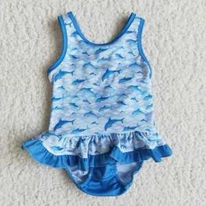 Girls One-Piece Swimsuit Dolphin Print Blue - Picture 1 of 2