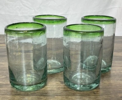 4 Beautiful Mexican Hand Blown Glasses Drinking Glasses With Green Trim 4” - Image 1 of 4
