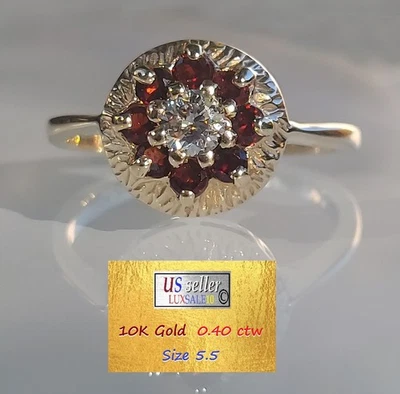 Anillo vintage 0,4 quilates diamante y rubíes anillo, oro 10k, tamaño 5,25, diamante 0,18ct Foto 1 de 4