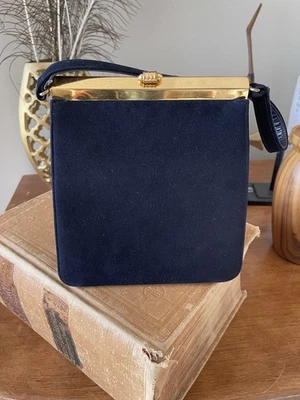 Vintage Wilcof Black Velvet Evening Bag with Gold Clasp and Handle Strap - Image 1 of 4