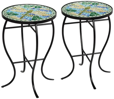 Black Outdoor Accent Tables 14" Wide Set of 2 Green Dragonfly Mosaic Porch Patio - Image 1 of 4