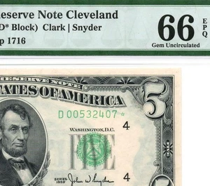 1950* $5 Cleveland STAR Federal Reserve Note FRN • 1961-D* Rare • PMG 66 EPQ - Picture 1 of 3