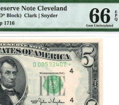 1950* $5 Cleveland STAR Federal Reserve Note FRN • 1961-D* Rare • PMG 66 EPQ - Image 1 of 3