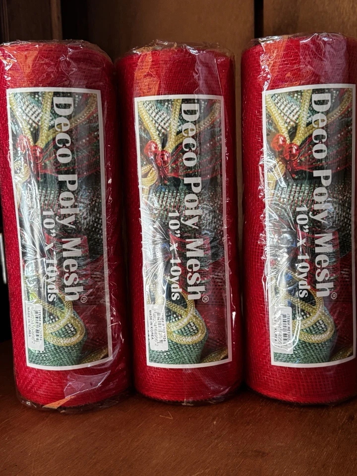 Lote de 3 rollos de cinta de malla decorativa 10" x 30 pies ROJO SÓLIDO sin lámina 10 yardas Foto 1 de 1