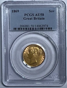 1869 Großbritannien Gold Sovereign Young Victoria PCGS AU58, 0,2354 oz AGW - Bild 1 von 7