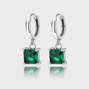 4TCW Princes Lab Created Emerald Dangle Huggie Hoop Earrings 14k White Gold Over - Picture 1 of 9