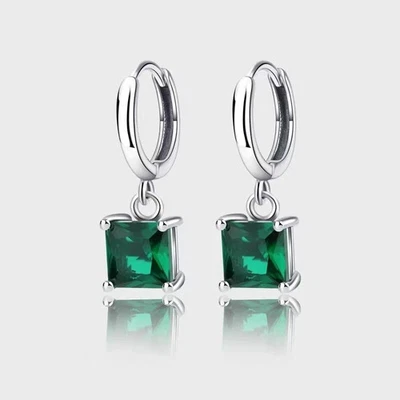 4TCW Princes Lab Created Emerald Dangle Huggie Hoop Earrings 14k White Gold Over - Image 1 of 4