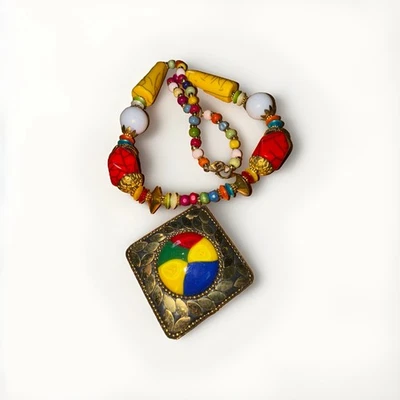 Vintage Brass Coral Turquoise Multiple Stone Wood Colorful Necklace 24" - Image 1 of 4