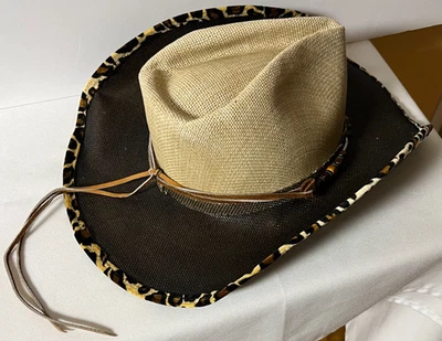 MONTANA HAT CO. AUSTIN HANDMADE Lady COWGIRL STRAW HAT w/ Leopard Rim Size Small - Image 1 of 4