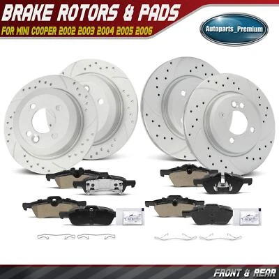 Rotores de freio dianteiros e traseiros perfurados + pastilhas de freio de cerâmica para Mini Cooper 2002-2006 - Imagem 1 de 4