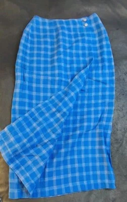 Vintage Talbot 100% Irish Linen Midi Skirt  Wrap Front Blue Checked 8 Uk Petite - Image 1 of 4