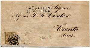 DEUTSCHLAND, LINEAR ANNUL MÜNCHEN, OKTOBER 1863 + NUMMER "325", BRIEFMARKE BAYERN 9 KR m - Bild 1 von 1