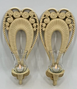 Vintage Burwood Products Cream Faux Wicker Rattan Candle Holder Sconces Set Of 2 - Picture 1 of 17