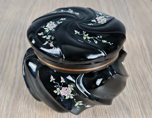 Fenton Glass black wave crest copper rose powder box/jar, signed hand painted - Picture 1 of 9
