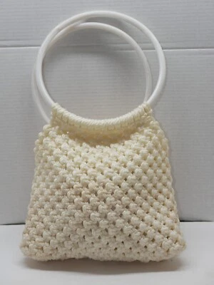 Vintage Crochet Hand Bag Purse Ivory with White Plastic Handles Lined Retro Boho - Image 1 of 4