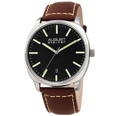 Men's August Steiner AS8245SSBR Brown Silver Tone Black Leather Strap Watch - Image 1 of 4