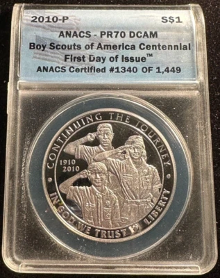 2010 P BOY SCOUTS OF AMERICA CENTENNIAL SILVER DOLLAR ANACS PR70 DCAM - Image 1 of 4