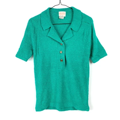 Vintage 60s Fine Quality Sweaters Green Boucle Collared Short Sleeve Size Medium - Image 1 of 4