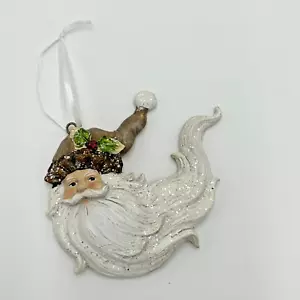 Jan Brett Style Woodland Santa Ornament Glitzer Schneebart Kiefer eine Mütze + Stechpalme - Bild 1 von 4