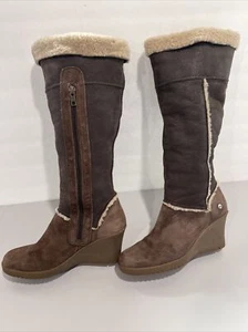 Women’s Size 8 Brown UGG BOOTS Leather Suede Heel Sheepskin F8007E SB20 - Picture 1 of 11