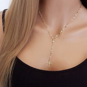 Silber Gold Damen Halskette Kreuz Jesus Cross Lange Anhänger Kreuzkette 40+5 cm